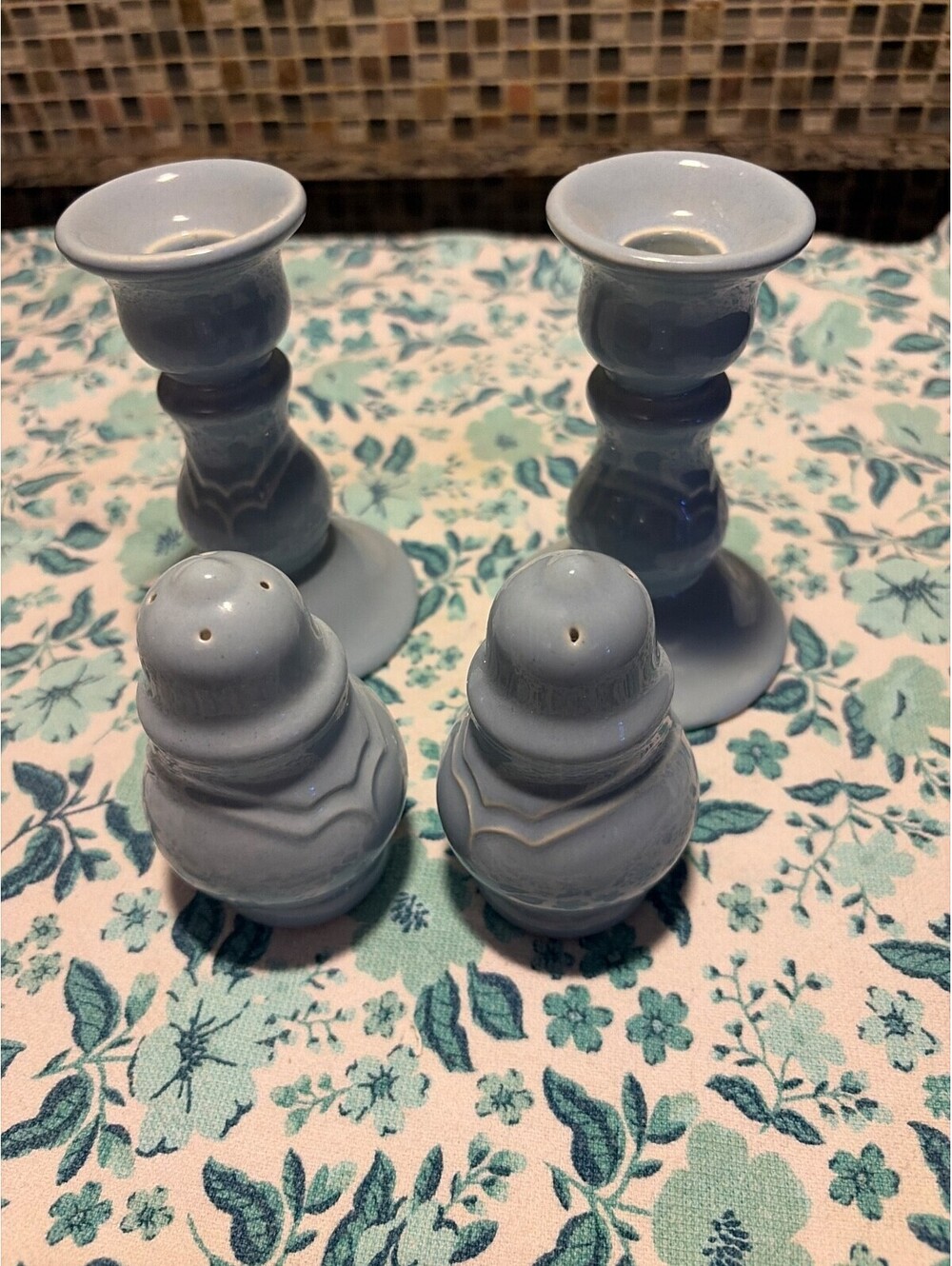 Pfaltzgraff Gazebo Blue Candle Stick Holders Plus salt and pepper shakers